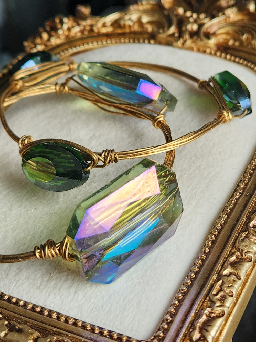 2 VTG Inspired Green AB Glass Crystal & Gold Wire Wrapped Bangle Bracelet Boho